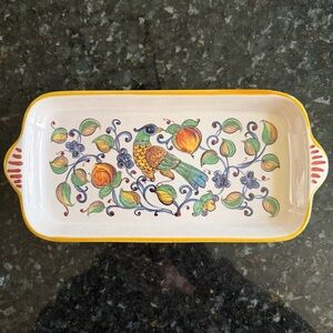 Handpainted Ceramic Serving Tray with Peacock Design, NEW, made in Italy
